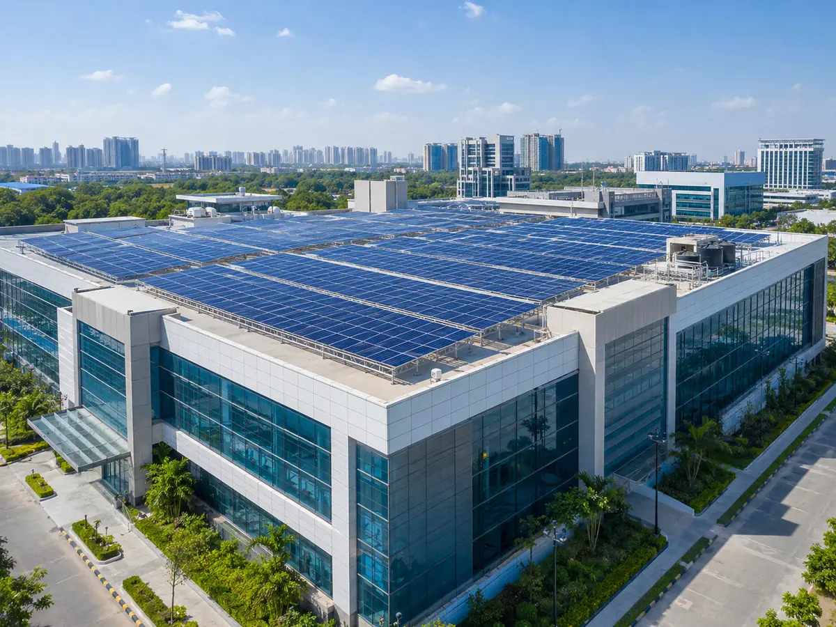 Commercial building with a large rooftop solar installation